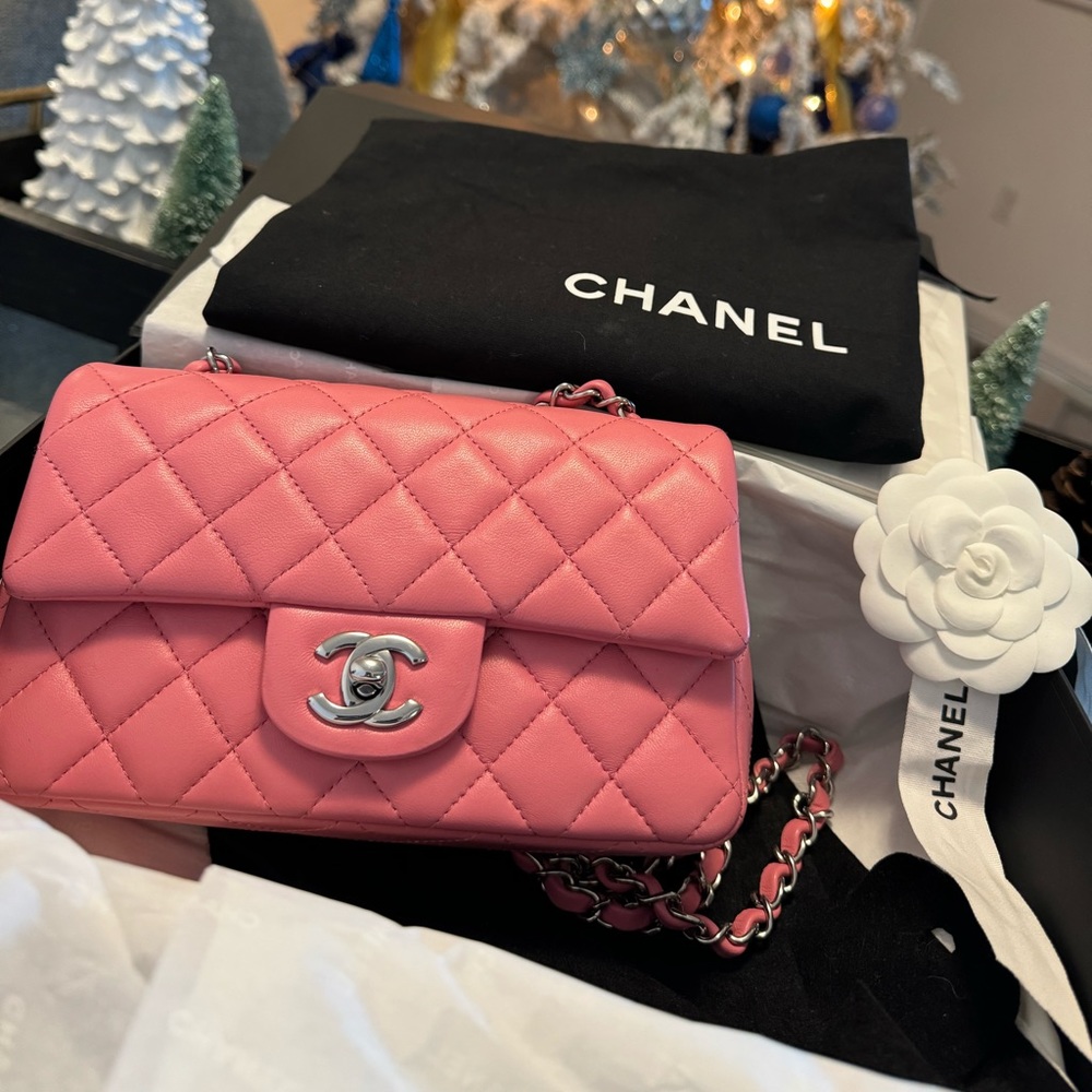 SOLD!! Chanel lambskin quilted mini Rectangle flap Pink